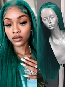 Teal Green Straight Synthetic Fiber Wig, Natural Hairline, Heat Resistant Lace Front Wigs, High Quality Smooth Non-Knotted Hair, Unisex Cosplay Party Use, Synthetic Material Wigs