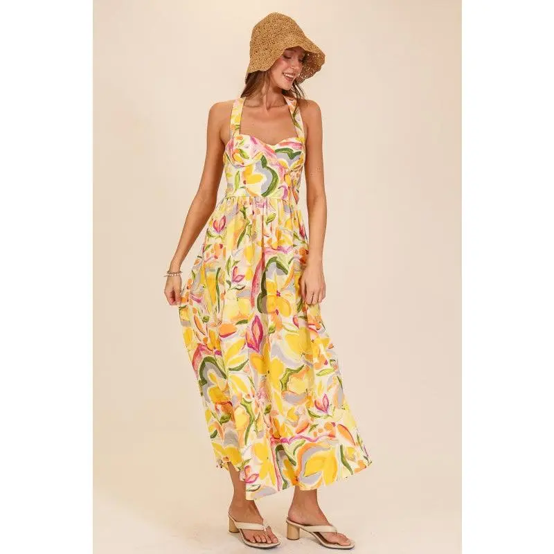 Floral Lace-up Resort Maxi Dress - Breathable Lightweight Fabric, Fitted Bodice, Adjustable Lace-up Back, Church Dress, Easter Dress, Perfect for Warm Weather Outings - Casual