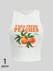Women's Vintage Cottagecore Crop Tank Top, Farm Fresh Peaches Print Ribbed Tank, Stretchy Form Fitting Sleeveless Casual Top For Summer & Streetwear #PeachAesthetic