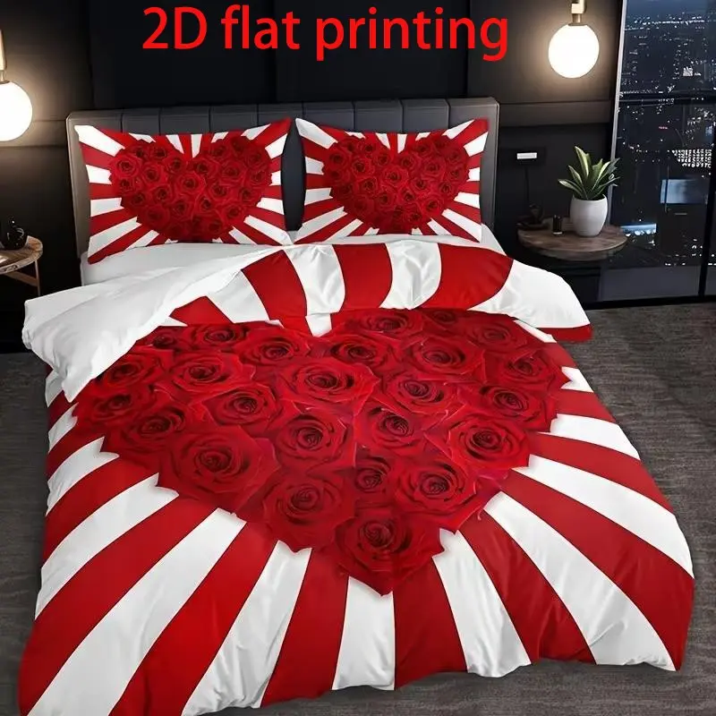 3-Piece Heart Rose Floral Bedding Set, Decorative Bedding Set, Printed Bedding Set, Includes 1 Duvet Cover + 2 Pillowcases, High-Definition Print, Home Dorm Use, No Core Included, Bedroom Bedding Set, Theme Bedding Set, Duvet Cover Sets