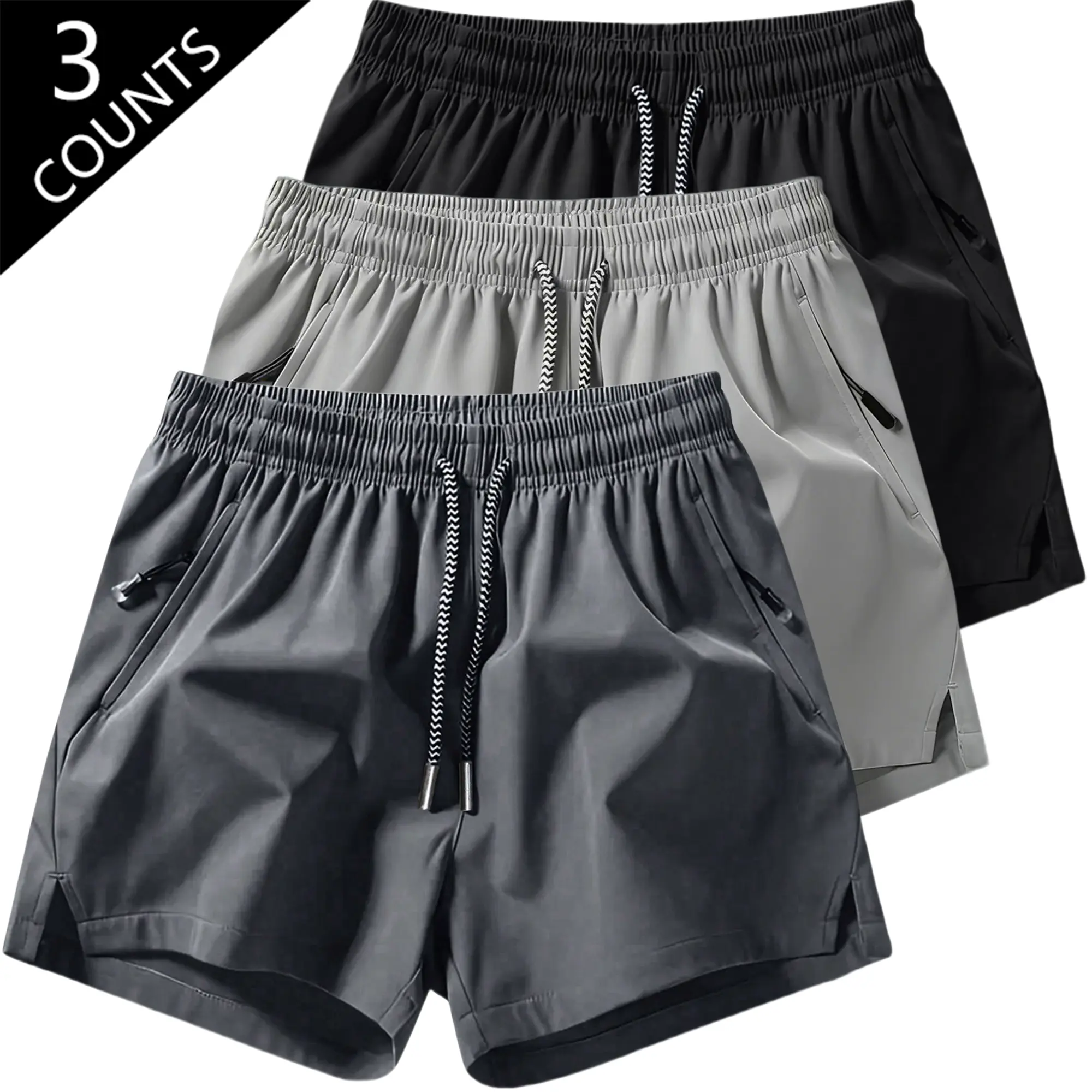 Boys’ 3-Pack Quick-Dry Sports Shorts — Elastic drawstring waistband + lightweight kids’ outdoor casual shorts with safety zipper pockets; suitable for school, playing with friends, and the beach.