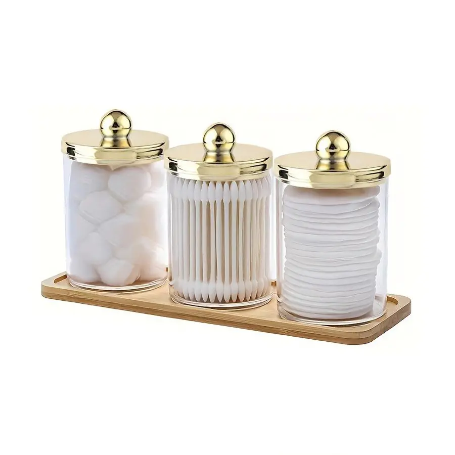 Cotton Swab Storage Box with Wooden Tray, 3 Counts/set Round Cotton Swab Dispenser, Bathroom Storage Box for Toiletry, Home Organizer, Bottles, Plastic Canister Jar, Storage Container Dispenser, Containers with Lids