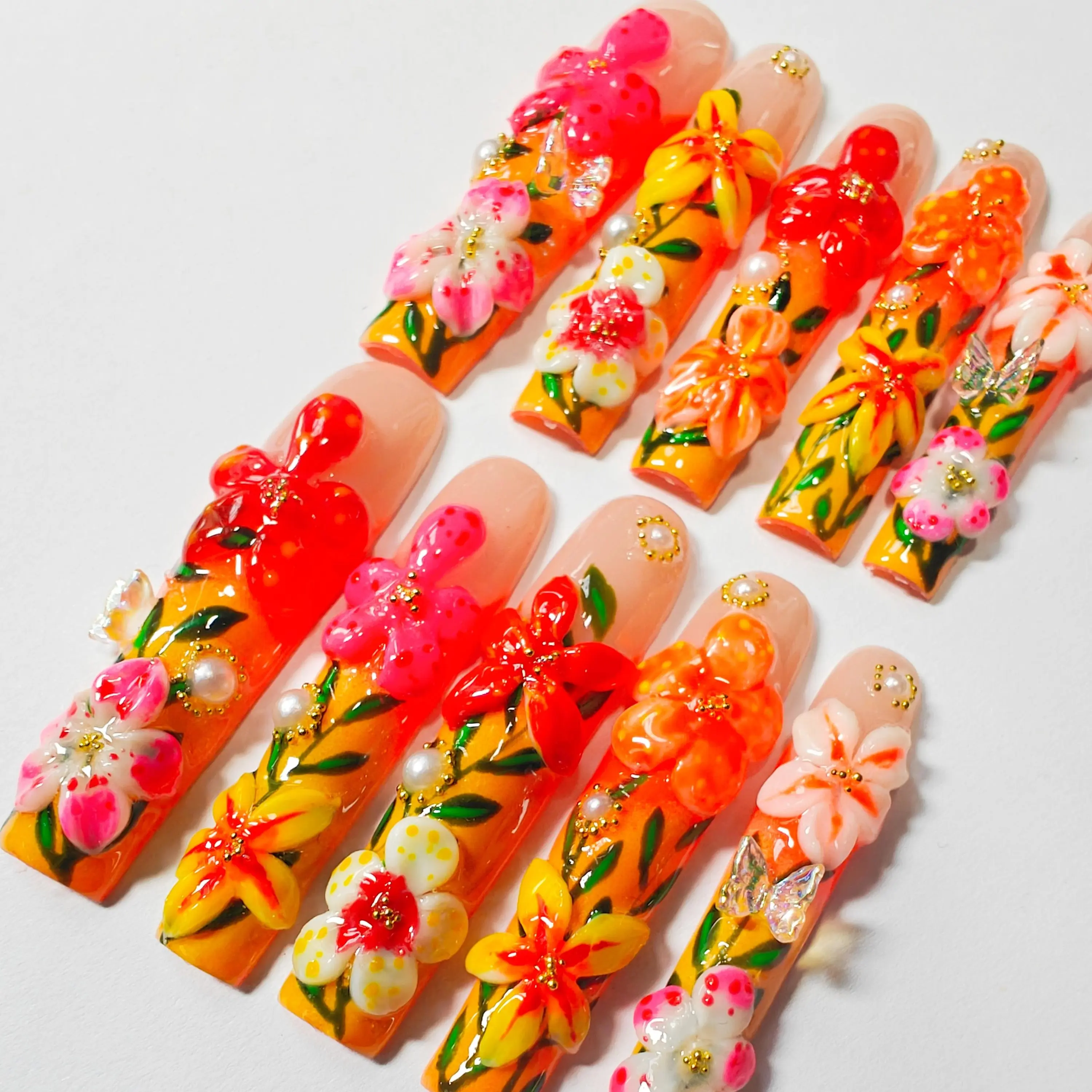 Jmnails Long Square 2.1 Inches 10Pcs Handmade High Quality Acrylic Press On Nails Art Beautiful Nails Party Luxury Fashion Comfortable and Reusable Nails with Rhinestone Glue