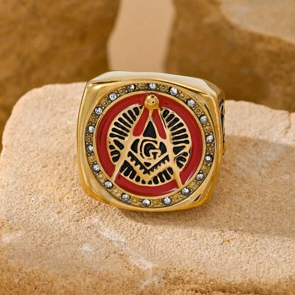 Men's AG Square Stainless Steel Freemason Ring, Fashionable Punk Hip Hop Style with Red Drip Oil, Casual Trendy Jewelry, Men's Gift Accessory