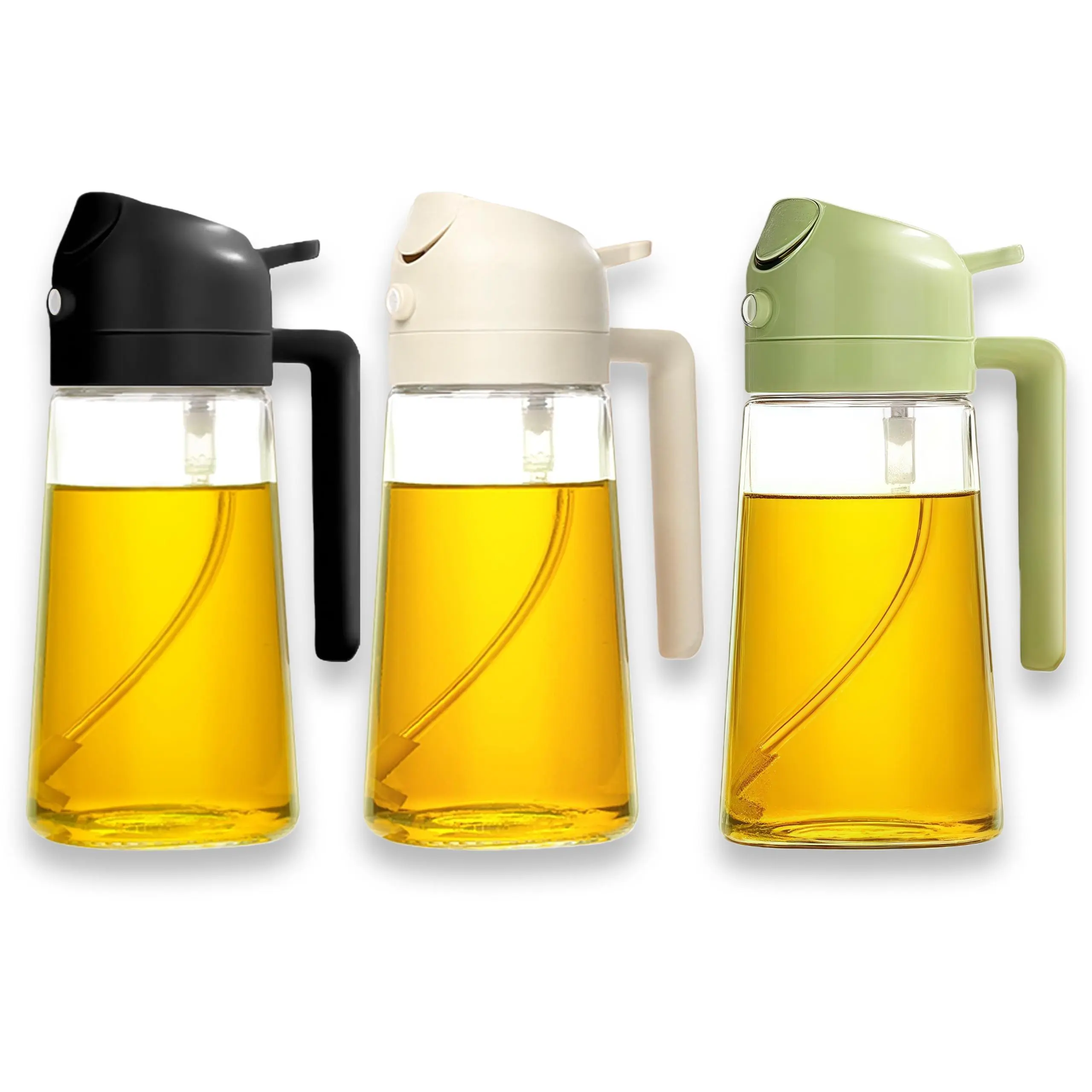 3 Pack Versatile Oil Bottle Dispenser & Sprayer, Glass Kitchen Oil Container with Adjustable Pump, Leak-Proof for Olive Oil, Vinegar, Cooking Essentials Multi-Color Set Leak-Proof Dual-Function Oil Dispenser