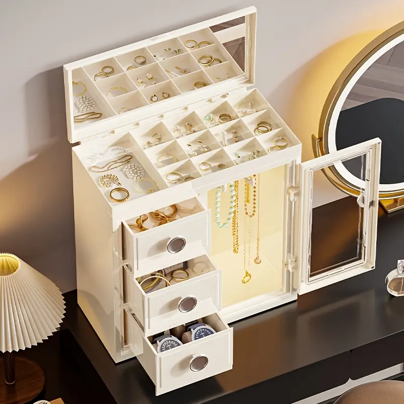 4 Layers Jewelry Box, 1 Set 360° Rotating Hook Up Large Capacity Jewelry Holder Organizer with Drawer and Mirror, Magnetic Jewelry Storage Boxes for Earring Necklace Ring, Gift for Women