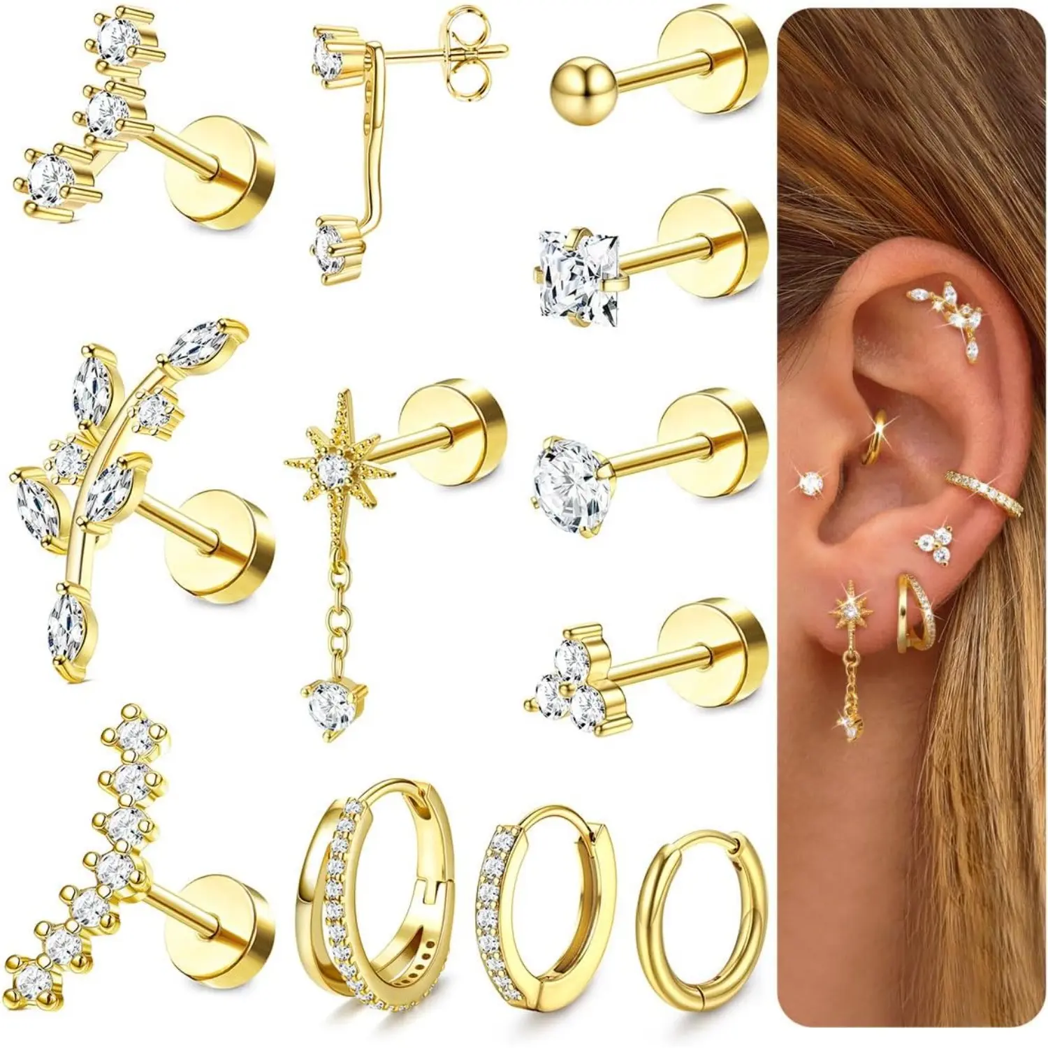 Milacolato Earring Set, 12Pcs 16G Hypoallergenic Surgical Steel Flat Back Studs & Small Hoops for Stacking, Silver Conch Piercing Jewelry for Helix & Tragus, Conch Piercing Ear, Flat Back Earrings, Tarnish Free Earrings