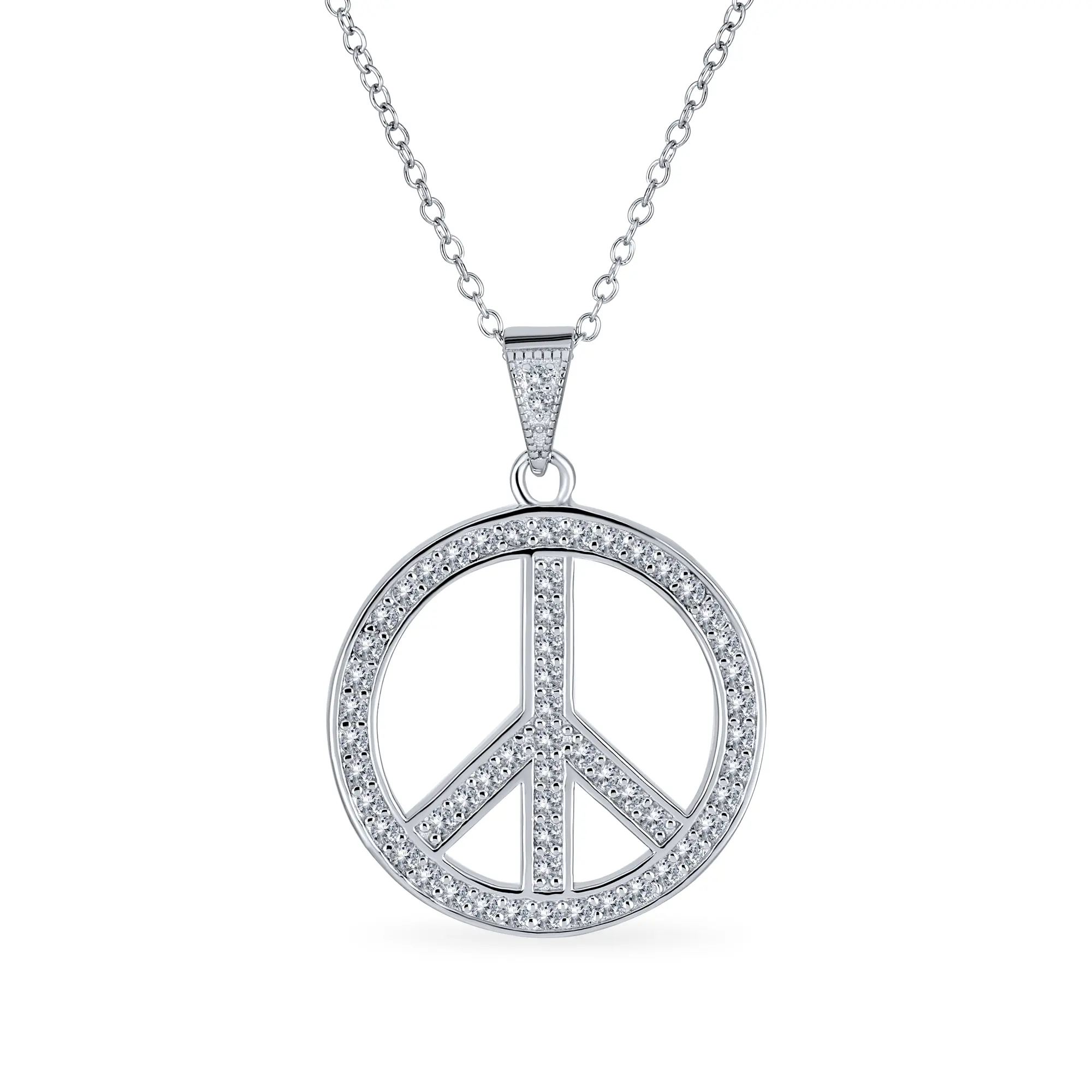 Pave CZ Peace Sign Pendant Necklace in Sterling Silver with Chain