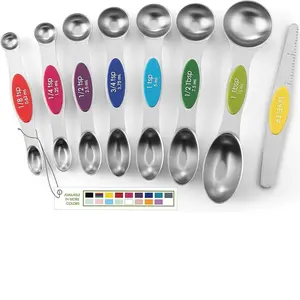 Magnetic Measuring Spoons Set with Strong N45 Magnets, Heavy Duty Stainless Steel Metal, Fits in Most Kitchen Spice Jars for Baking & Cooking, BPA Free, Multicolor, Set of 8 with Leveler