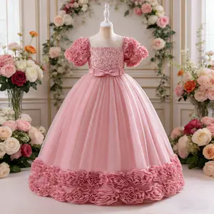 519 Tween Girls 3D Flower Sequin Mesh Birthday Party Dress Suitable For Performance Celebration Family Gathering