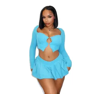 Two piece skirt set  long sleeve cardigan top skirt 2 pieces suit Fabric Formal Outfit Women