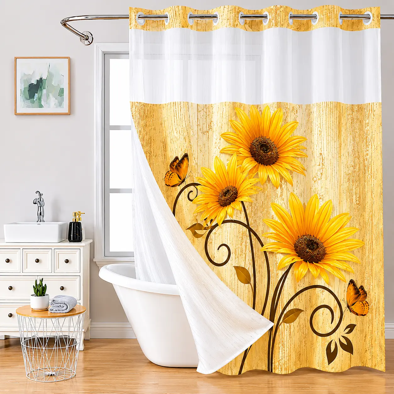 Sunflower No Hooks Double-layer Shower Curtain, Water-Resistant Soft Fabric, Transparent Mesh Top Window & Removable Inner Liner, Stylish bathroom decor 72x75in