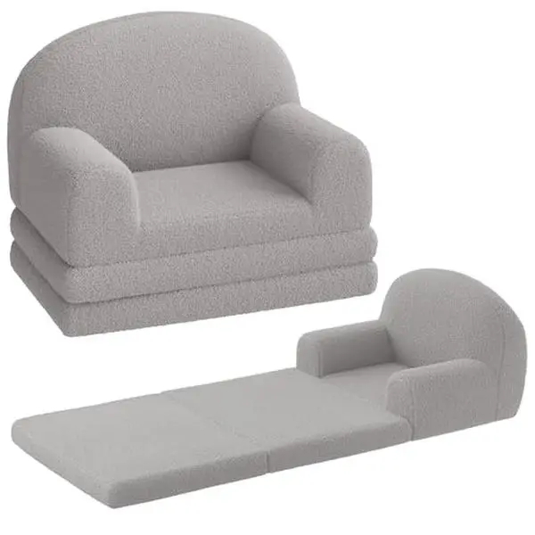 Kids Couch, 2-in-1 Convertible Teddy Fleece Fabric Toddler Sofa Chair, Soft Fold Out Couch Lounger for Kids, Comfy Children's Sofa Bed for Playroom, Nursery, Birthday Gift (Gray Moon)