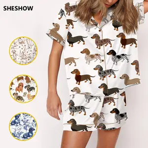 SHESHOW Longhaired Dachshund Mom Dachshund Collection Pajama Set For Women Print Comfy Satin Sleepwear & Loungewear Pjs Printing Silky Top & Bottoms