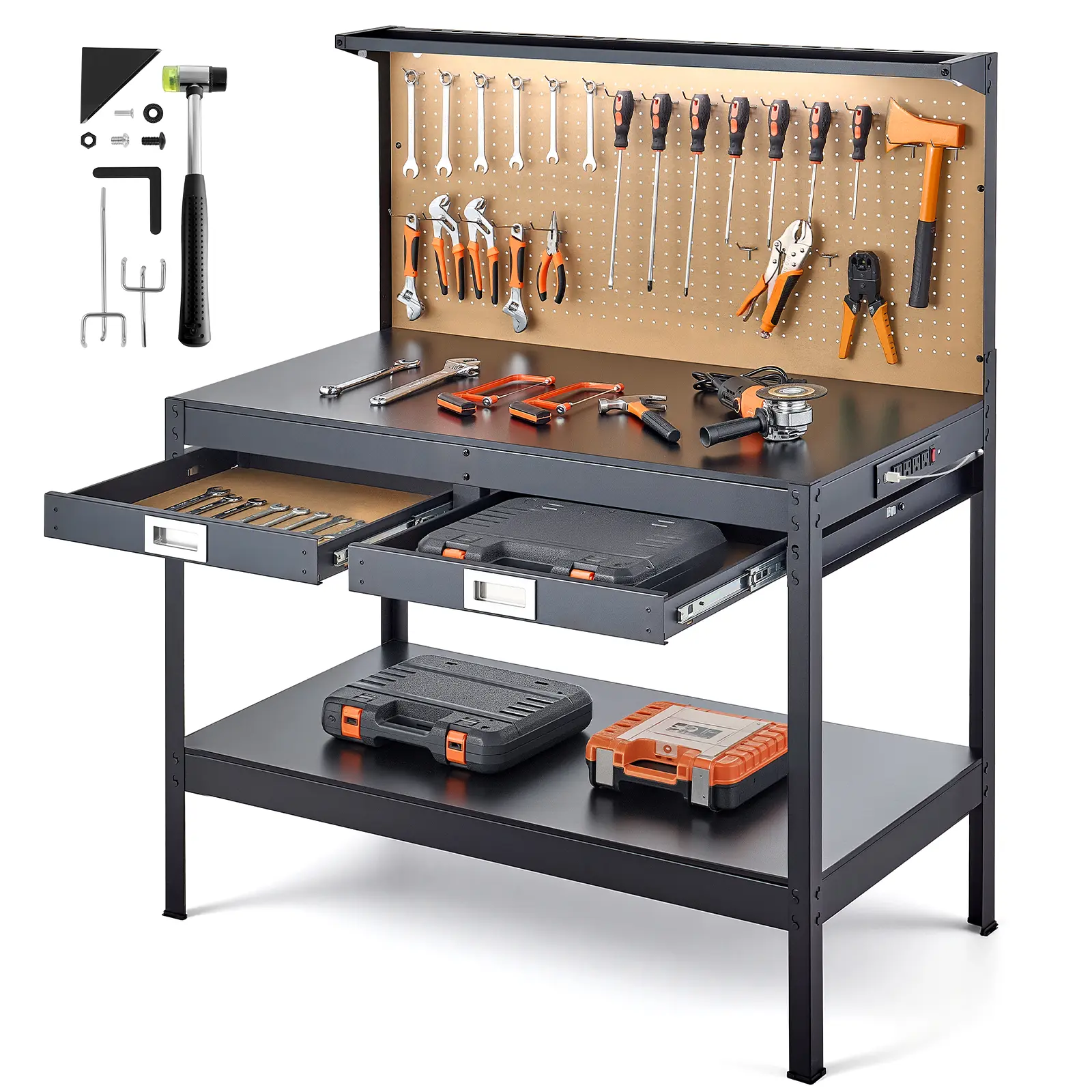 VEVOR Hardwood Workbench, 242.5 lbs Weight Capacity, 47.2-inch Heavy Duty Workbench with Pegboard, 4 AC Outlets & 2 USB Ports, 4.9 ft Cable & 30 Hooks, Garage Work Bench with Drawer for Workshop