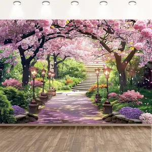 2D Flat, 2D Flat, A 2D Flat Banner Featuring a Spring Flower Cherry Blossom Path Backdrop, Suitable for Weddings, Bridal Showers, Anniversaries, And Party Decorations, Made of Polyester Photograp, Birthday