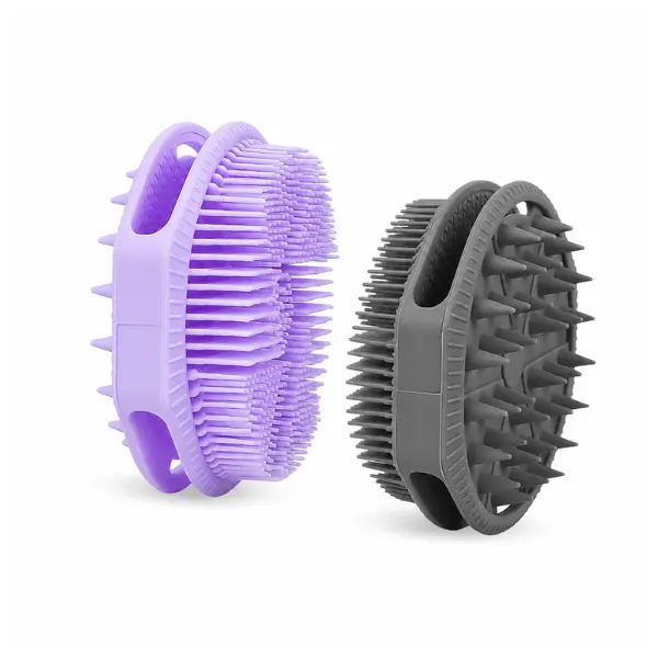 2-Pack Soft Silicone Dual-Sided Body Scrubber & Loofah | Gentle Exfoliating Shower Brush for Men & Women | Creates Rich Lather, Easy to Clean (Gray & Purple)