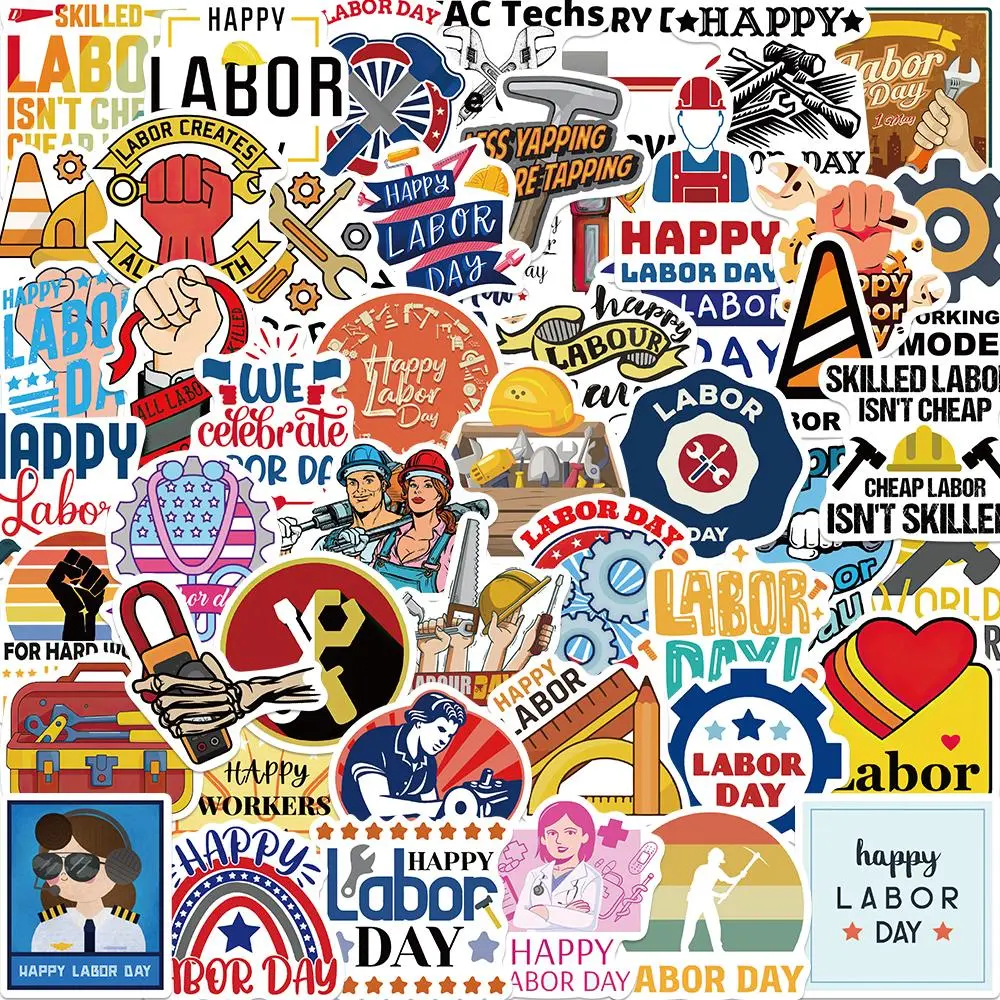 Cartoon Labor Day Themed Sticker, 50/1000pcs Happy Labor Day Decorative Sticker, DIY Decals for Water Bottle, Laptop, Phone Case, Scrapbooking, Journal Making, Ornaments