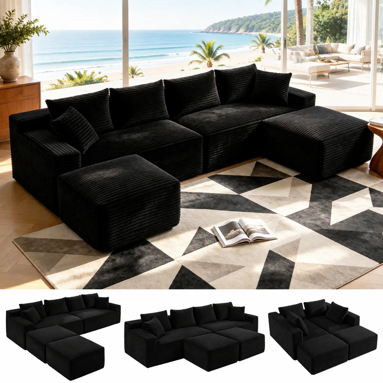 115-Inch Black Boneless Corduroy U-Shaped Modular Sectional Sofa Set with 2 Ottomans, Oversized Comfort, No Assembly Required, Couch for Living Room, Sectional Couches for Living Room couch for living room boneless sectional couch