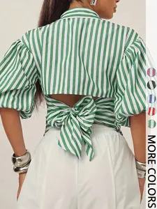 Women's Button Front Shirt Blouse with Puffy Sleeves, Back Bow Tie Design, Loose Fit, Business Casual Style, Perfect for Office Wear Valentine