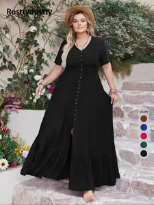 Plus Size Solid Fake Buttons Hollow Out A Line Dress, Bohemian Boho Ruffle Hem  V Neck  Dress for Summer Beach Holiday Vacation, Women's Clothes Womenswear Casual Wear for All Seasons