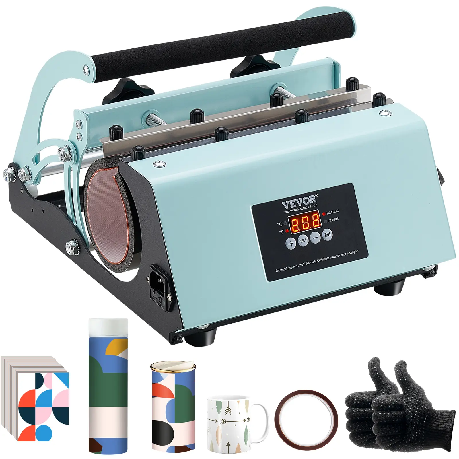 VEVOR Tumbler Heat Press Machine, 11-30oz Mug Press, Heat Up Fast and Even, Tumbler Press with Sublimation Paper, Tape and Gloves, Temp and Time Setting, for Sublimation Tumblers, Cups, Mugs, Green