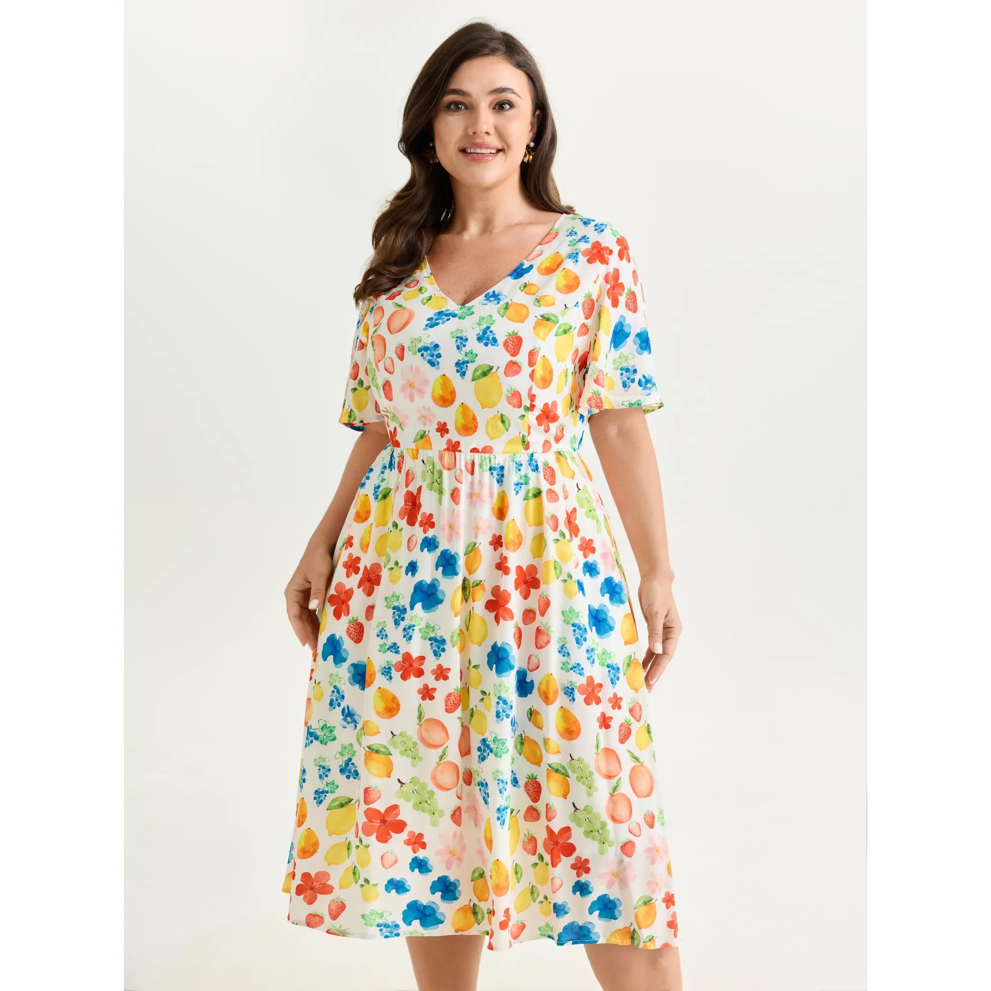 BLOOMCHIC Women's Curvy Bohemian Colorful Fruit Print V-Neck Shortsleeve Midi Dress [M-6X], Smooth Rayon Fabric, Casual Fit, Pocket, Low Iron, Summer Finds, Plus Size Clothes, Curvy Plus Size Clothes 2026, Garment