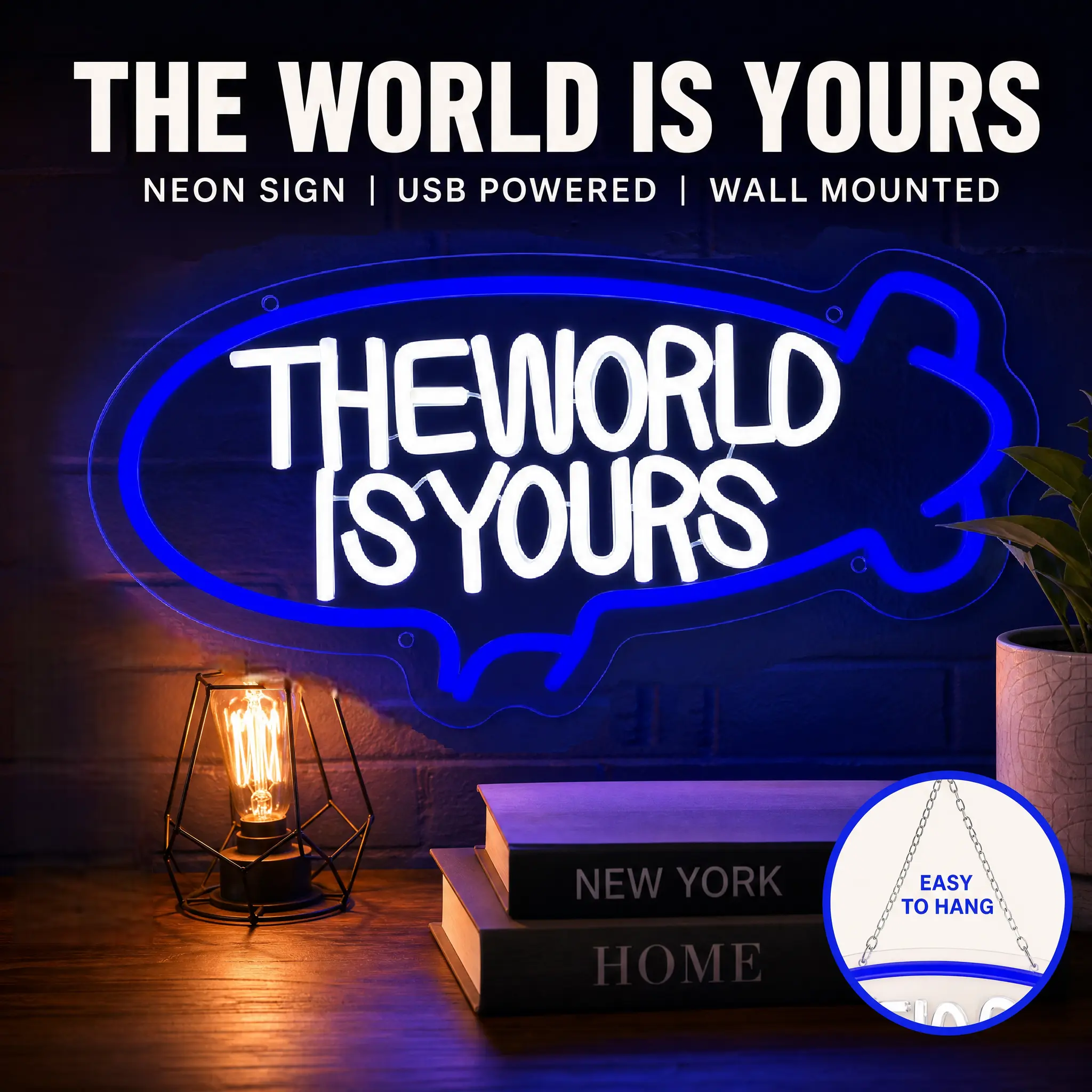 Custom Dimmable USB-Powered "The World Is Yours" LED Neon Sign - Chain-Included Acrylic Silicone Indoor Wall Decor Plaque, LED Neon Lights, Modern Home Decor, Ideal for Living Room, Anniversary Love Gift, Custom Neon Sign