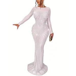 2025 long sleeved long skirt elegant transparent mesh jumpsuit, suitable for women to wear, very suitable for formal retro shiny fabric women's work clothes