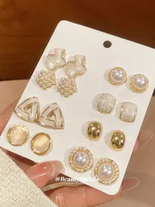 Silver Color Cat Eye Stone Pearl Earrings Set, Simple Fashion Elegant Versatile Ear Rings, Luxurious High-End Jewelry Accessories, Fashionable Earrings