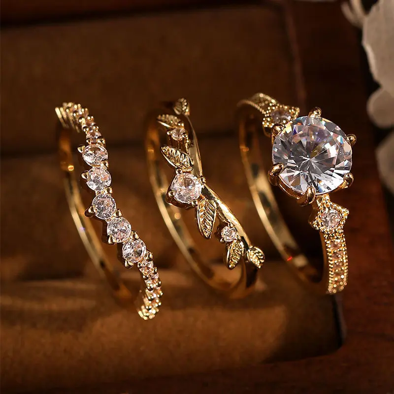 Women's 3-Pcs Gold Plated Cubic Zirconia Stackable Ring Set - Vintage Leaf CZ Engagement Wedding Ring Set, Dainty Bridal Costume Jewelry for Daily Wear, Wedding Ring Sets, Female Rings