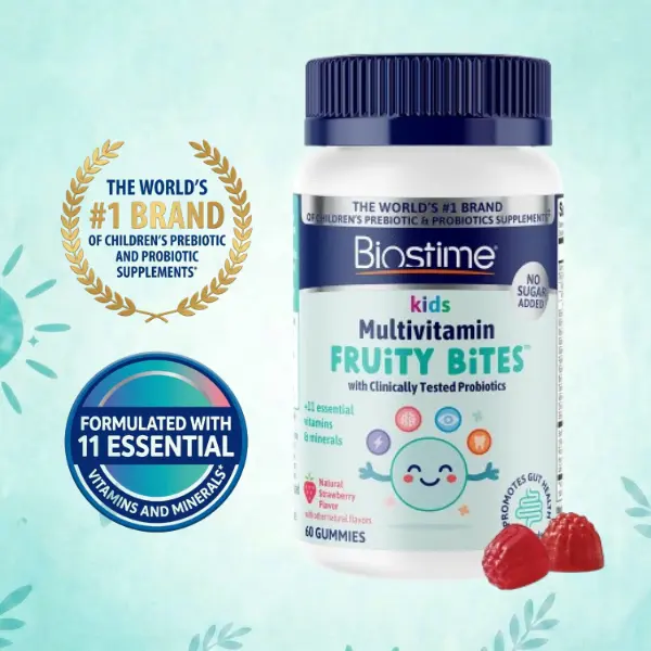 Biostime Kids Multivitamin Fruity Bite Gummies with Probiotics & 11 Essential Vitamins (Ages 4+) | Multivitamin for Kids | No Added Sugar Fruity Bites | Free from Top 9 Allergens | 50 Count