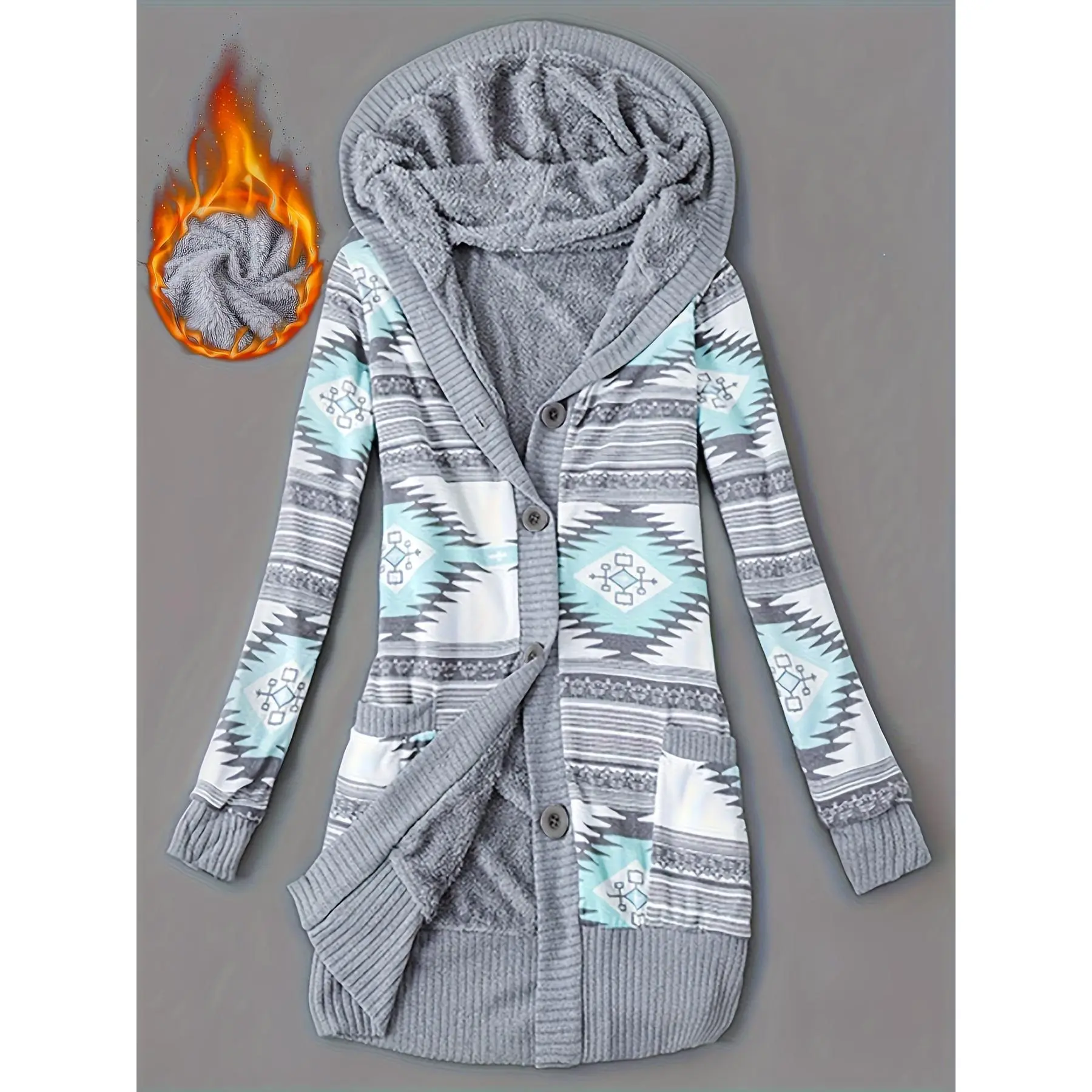 Women's Geometric Print Knitting Cardigan - Polyester Hooded Full-Sleeve Loose Duster, Casual Fall & Winter Top with Pocket Detail, Multi-Size Loose Knitwear