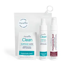 PlaneAire Travel Essentials | 1 Pomegranate Lotion Hand Sanitizer, 6 Surface Wipes, 1 Air & Surface Mist | Travel Hygiene Kit | Hygiene Essentials | Reusable Bag | TSA Approved | Travel Toiletry Kit | Travel Accessories