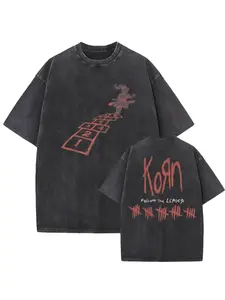 Korn Band's Dark Graffiti Printed T-shirt, Round Neck, Washed and Worn, Men's Short Sleeved Metal Rock Themed Top, Fashionable and Trendy Clothing Suitable for Outdoor Daily Wear in All Seasons, Ideal Choice