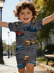 Fun racing car all-over print short-sleeve set for infants and toddlers, casual kids' clothing for babies, T-shirt suitable for daily and outdoor sports. 100% polyester, a perfect gift for infants and toddlers!