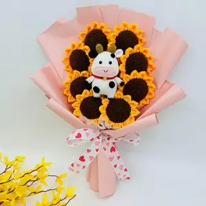 Crochet Sunflower Bouquet, Cute Cow Design Knitting Flower Bouquet, Decorative Flower for Home Party Wedding Anniversary Festival, Fruit, Handmade Crochet Bouquet