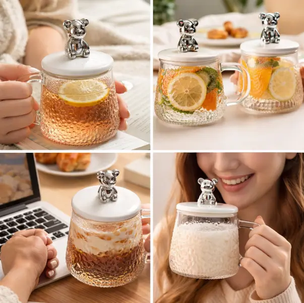 Cute Bear Lid Glass Mug with Spoon – Aesthetic Coffee & Tea Cup Gift