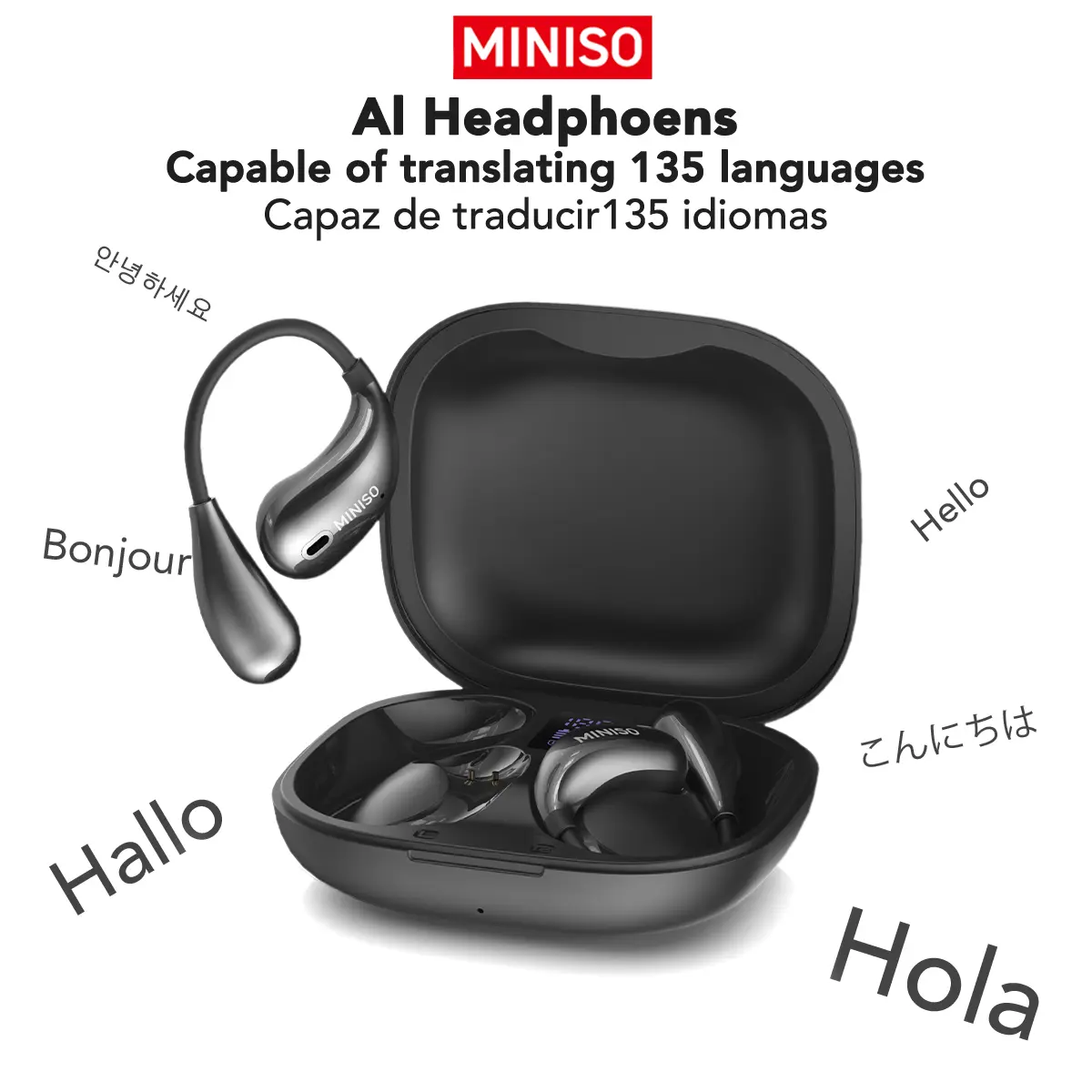 MINISO X33 Wireless Translation Earbuds with APP Support 134 Languages Translate, Real-time Translation Headset, Comfortable Ear Hooks, 48H Battery, IPX5 Waterproof, Compatible with All Phone, Android Phone