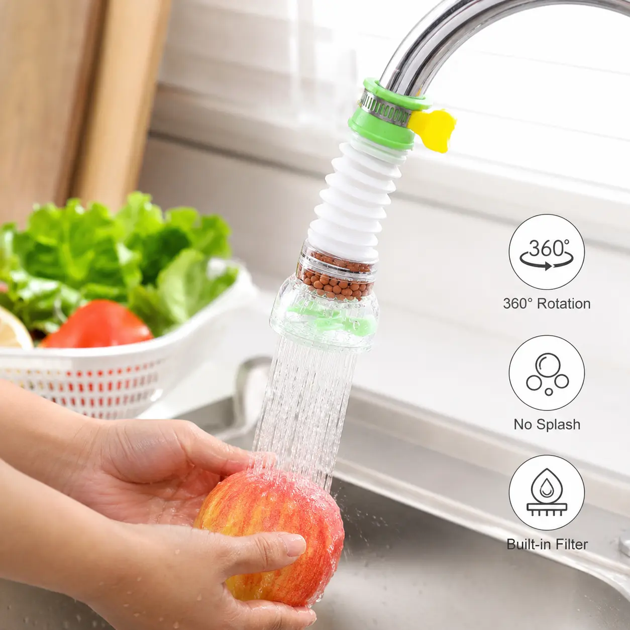 1-Pack Rotatable Head Mineral Filter Faucet Sprinkler Head, Swivel Faucet Extender with Stretchable Hose, Splashproof Water-Saving Nozzle, Kitchen Sink Accessories for Kitchen Use, Single Unit