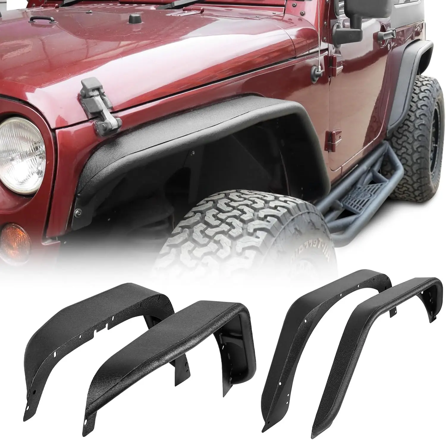 4 PCS Metal Off-Road Steel Fender Flares - Front & 2 PCS Rear for 2007-2018 Jeep Wrangler JK/JKU (2-Door,4-Door), Car Accessories with Wheel Protection, Aggressive Look, Max Clearance, Extra Tire Coverage, Includes Hardware, Automotive