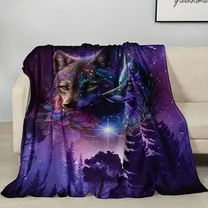Wolf Starry Sky Print Flannel Blanket, Soft Warm Throw Blanket for Couch Sofa Office Bed, Multi-Purpose Gift Blanket for All Seasons