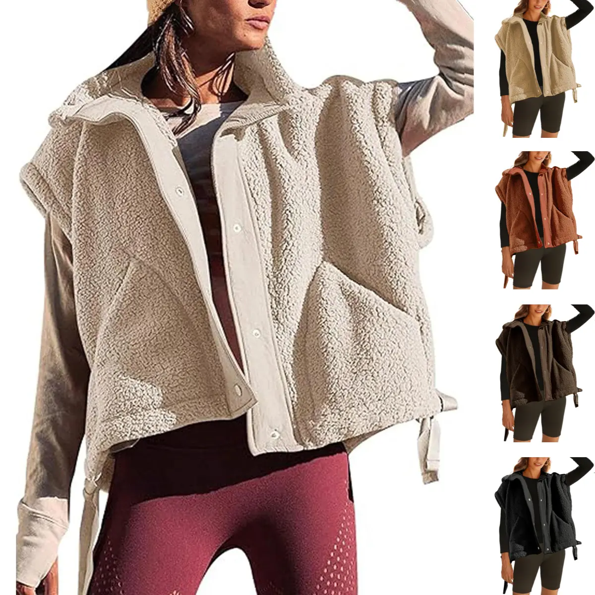 Yeokou Women's Fuzzy Sherpa Fleece Vest, Casual Boxy Sleeveless Button-Down Outerwear with Pockets for Hiking, Fabric, Athletic, Cute, Holiday