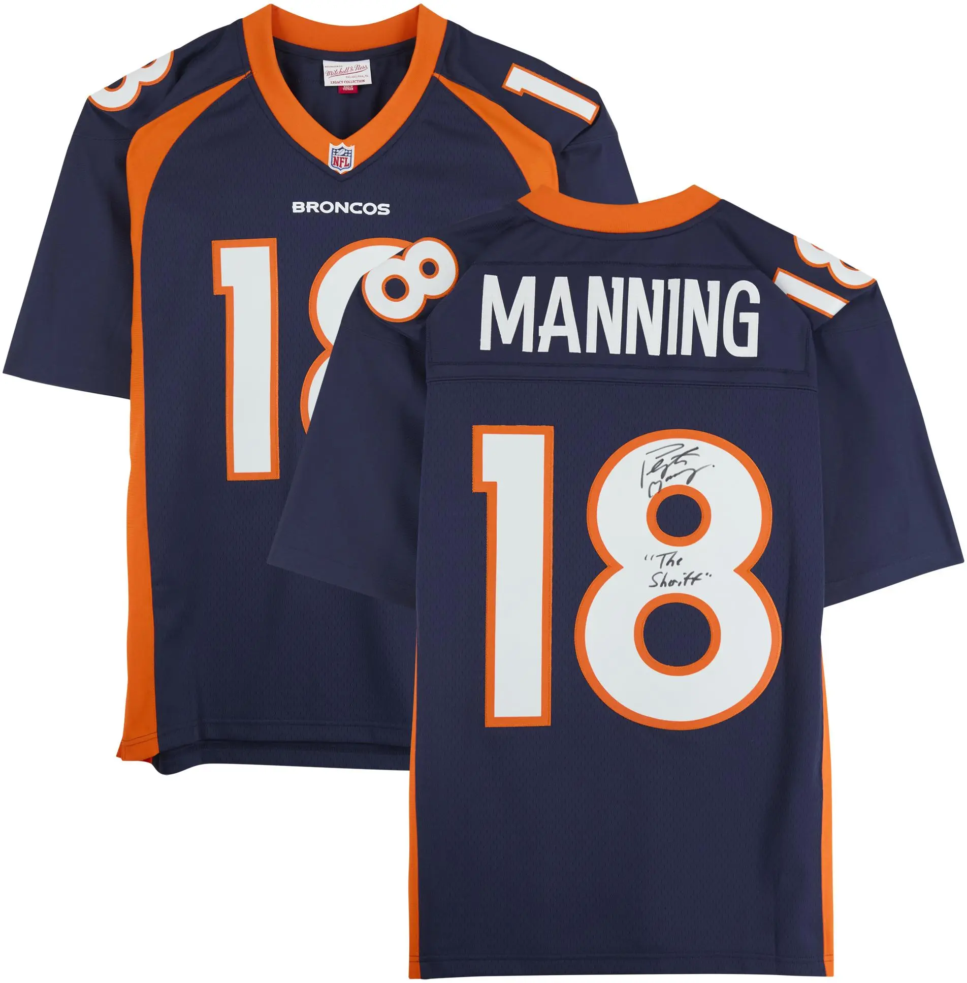 Peyton Manning Denver Broncos Autographed Mitchell and Ness Navy Replica Jersey with "The Sheriff" Inscription - Fanatics Authentic Certified