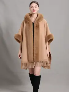 Women's Solid Color Tassel Trim Hooded Cape Shawl, Casual Warm Fuzzy Long Shawl for Fall & Winter, Fashion Accessories for Women & Girls, Trendy Solid Shawl, Tassel Decor Shawl