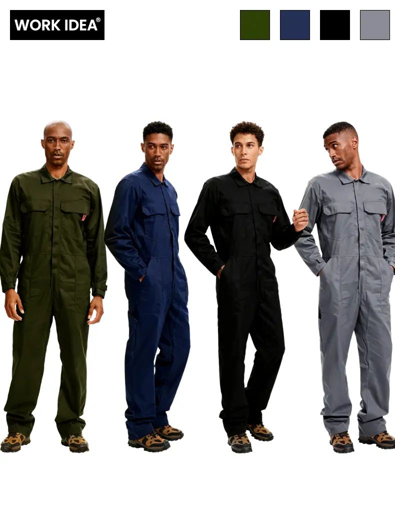 work idea Men's Minimalist 100% Cotton Work Uniforms, Long-Sleeve Button Coveralls with Multiple Pockets and Elastic Waistband, Menswear, Workwear, Plain, Jumpsuit, Fitted