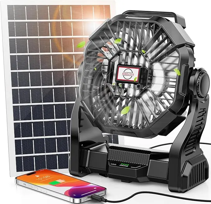 20000mAh Solar Powered Fan, 7W Solar Panel Portable Solar Fan with LED Lantern, Rechargeable Battery Powered Camping Fan for Picnic, Barbecue, Fishing, Travel