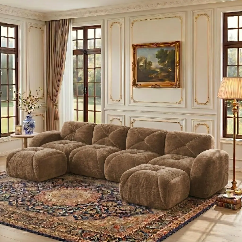 Eyisean 140'' Boneless Couch with Tufted, 32D High Density Sponge, U Shaped Sectional Couches For Living Room, 4 Seater Cloud Couch with Ottoman, Retro Velvet Floor Sofa for Bedroom, No Assembly Required