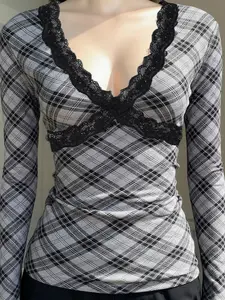 Vintage Lady V Neck Lace Patchwork Casual Clothing Chic Fitted Slim Fit Plaid Long Sleeve T-Shirt, Women's College Style Y2K Aesthetic Spring Summer Top