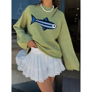 Women Oversized Graphic Tee Fisherman Core Aesthetic Y2k Grunge Fish Print Crewneck Sweater Long Sleeve Pullover Sweater Casual Sweater